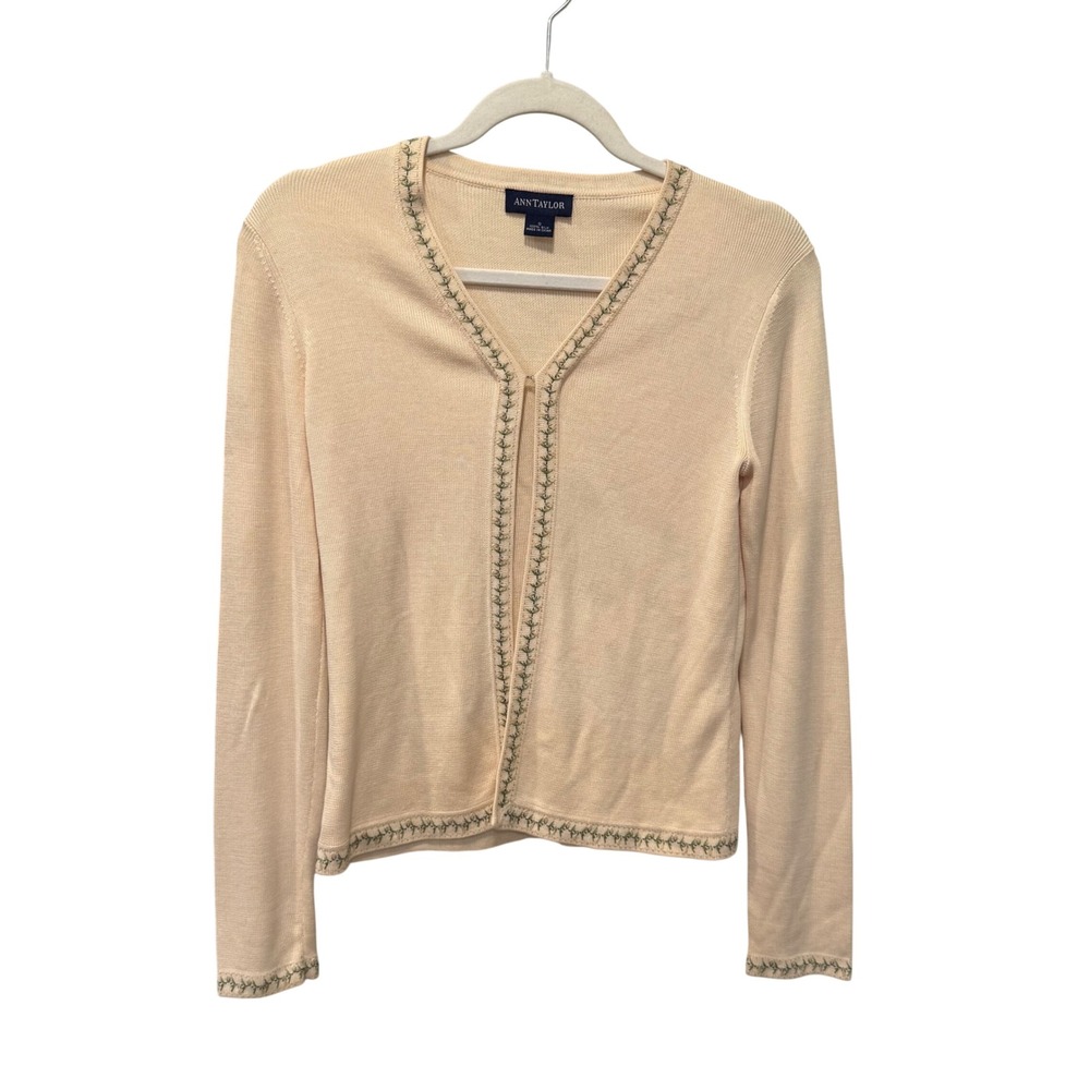 Ann Taylor 100% Silk Cardigan Sweater Cream Open Front Crochet Trim Boho Elegant